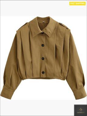 Cropped Pleated Trench Coat Long Sleeve Collared Button Down Casual Spring Fall